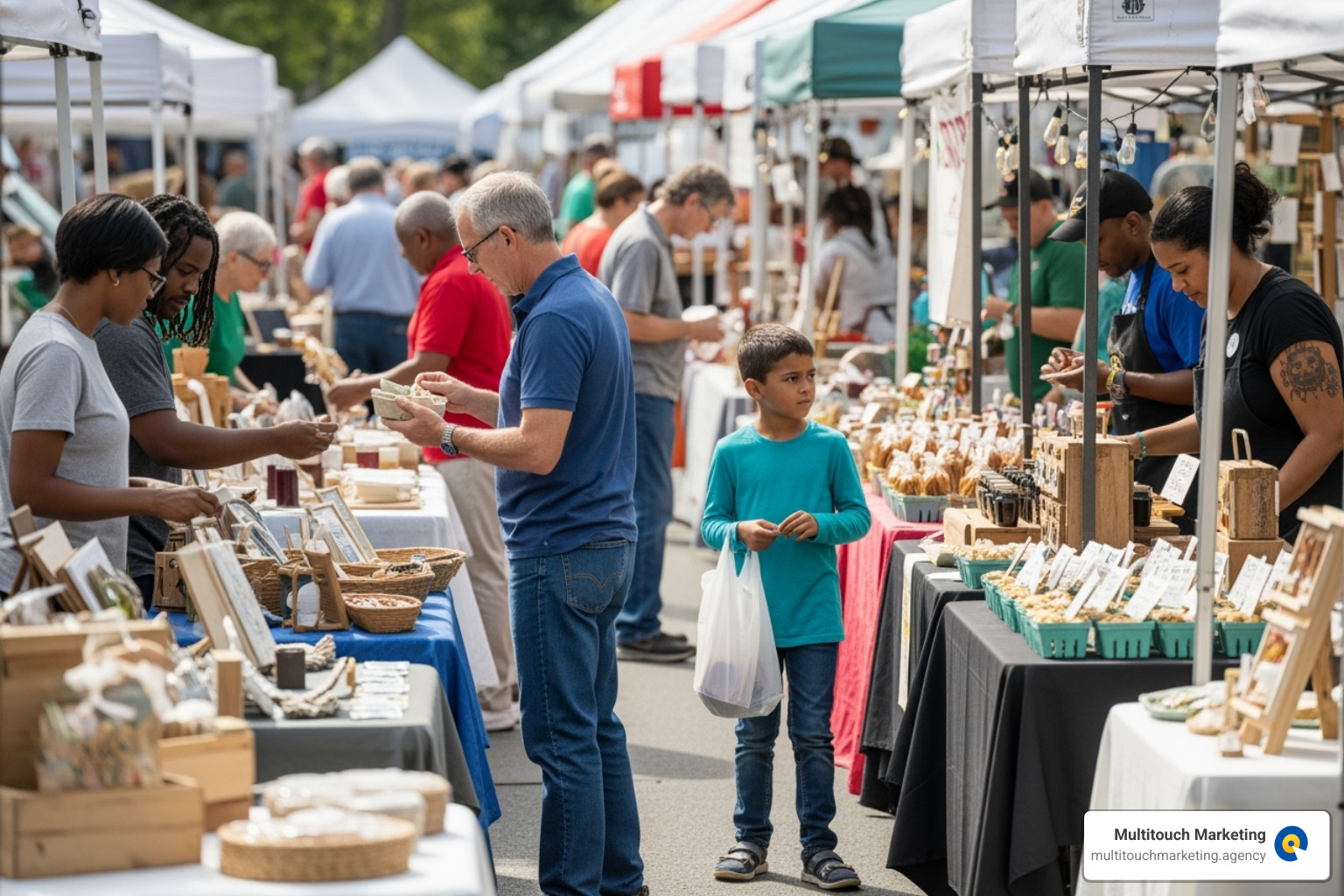 A bustling farmers market in Raleigh-Durham with diverse local vendors and shoppers interacting. - raleigh durham social media marketing