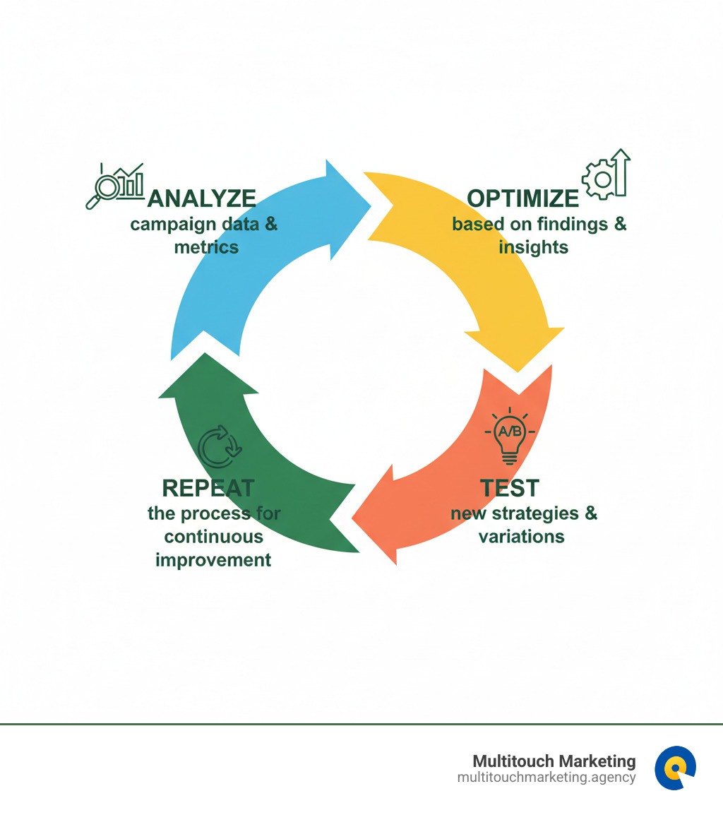 infographic showing the cyclical PPC review process with four connected steps: Analyze campaign data and metrics, Optimize based on findings and insights, Test new strategies and variations, Repeat the process for continuous improvement - PPC performance review infographic 