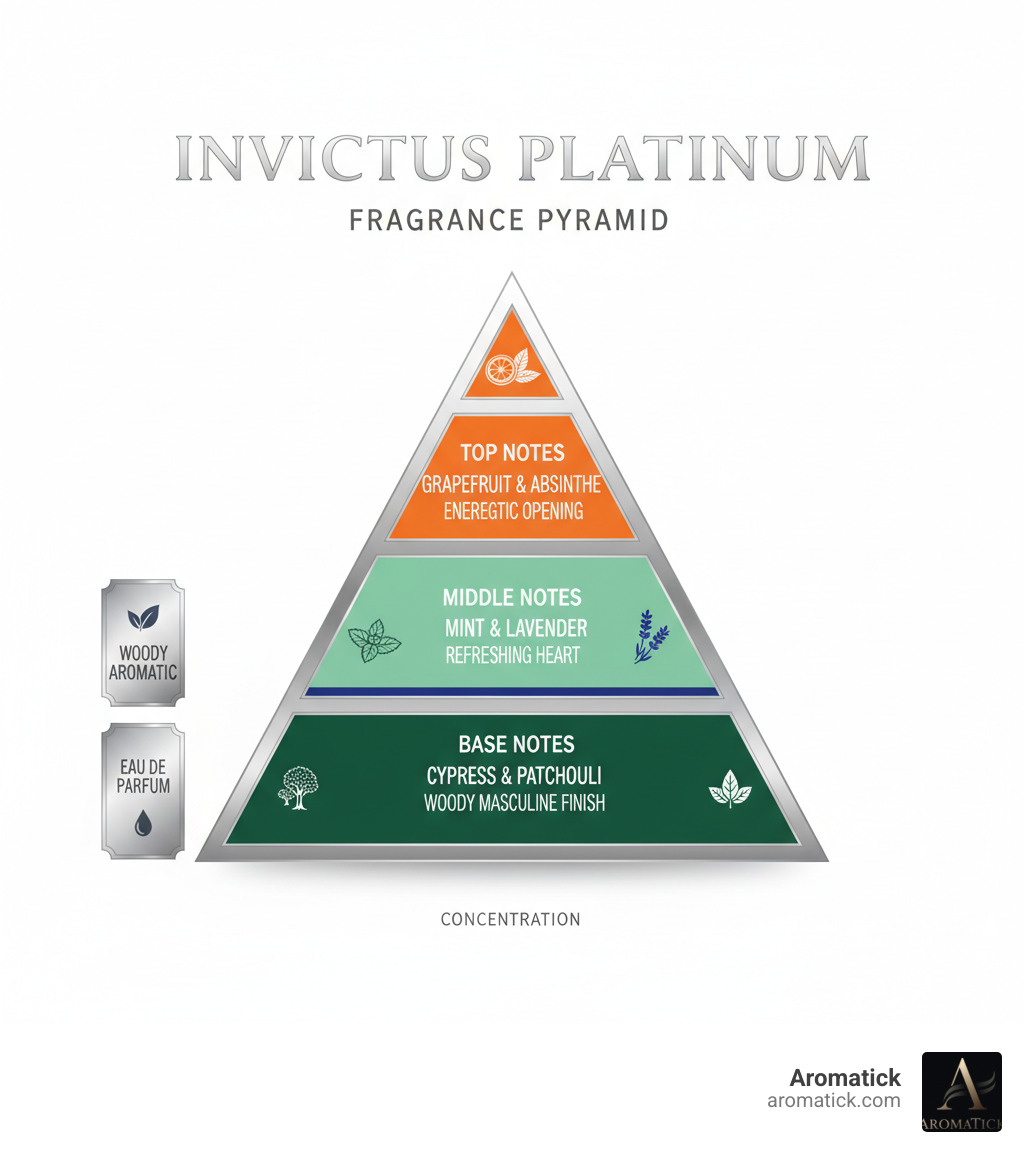 Infographic showing Invictus Platinum cologne fragrance pyramid with three layers: Top notes of Grapefruit and Absinthe for energetic opening, Middle notes of Mint and Lavender for refreshing heart, Base notes of Cypress and Patchouli for woody masculine finish, with Woody Aromatic family classification and Eau de Parfum concentration - invictus platinum cologne infographic 