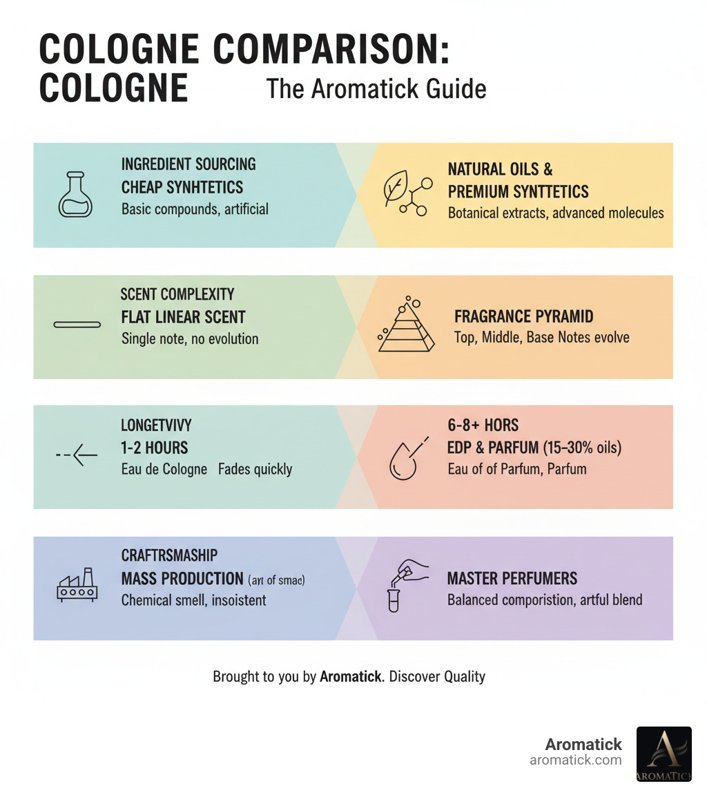 Infographic comparing low quality versus high quality cologne across five key dimensions: ingredient sourcing showing natural oils and premium synthetics versus cheap synthetic compounds; scent complexity displaying a fragrance pyramid with evolving top middle and base notes versus a flat linear scent profile; longevity comparison of 6-8+ hours for quality versus 1-2 hours for low quality; concentration levels showing EDP and Parfum 15-30% oils versus EDC 2-4% oils; and craftsmanship highlighting master perfumers and balanced composition versus mass production and chemical smell - high quality cologne infographic  Infographic comparing low quality versus high quality cologne across five key dimensions: ingredient sourcing showing natural oils and premium synthetics versus cheap synthetic compounds; scent complexity displaying a fragrance pyramid with evolving top middle and base notes versus a flat linear scent profile; longevity comparison of 6-8+ hours for quality versus 1-2 hours for low quality; concentration levels showing EDP and Parfum 15-30% oils versus EDC 2-4% oils; and craftsmanship highlighting master perfumers and balanced composition versus mass production and chemical smell - high quality cologne infographic