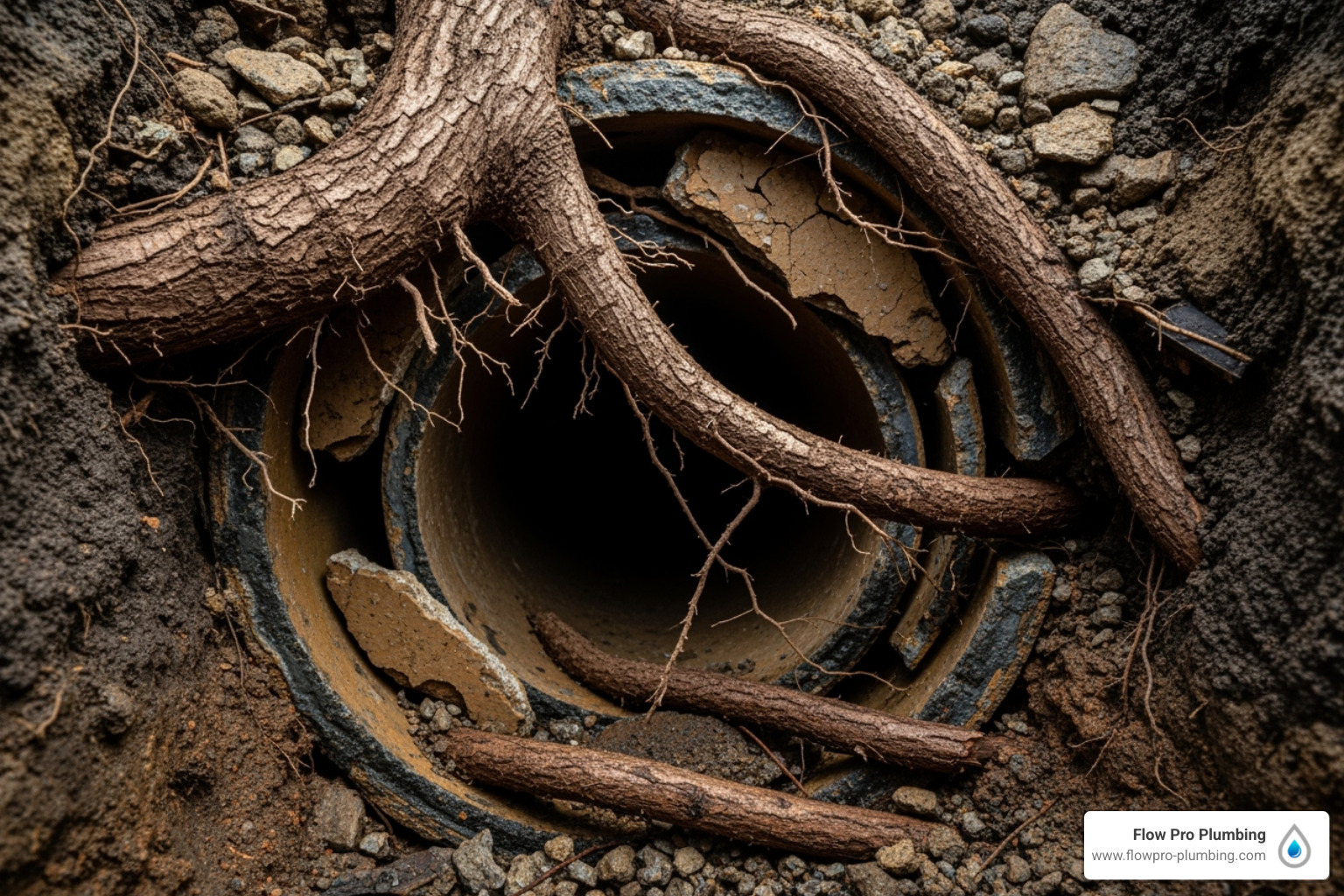 Tree roots growing into a sewer pipe - Drain pipe repair Tree roots growing into a sewer pipe - Drain pipe repair