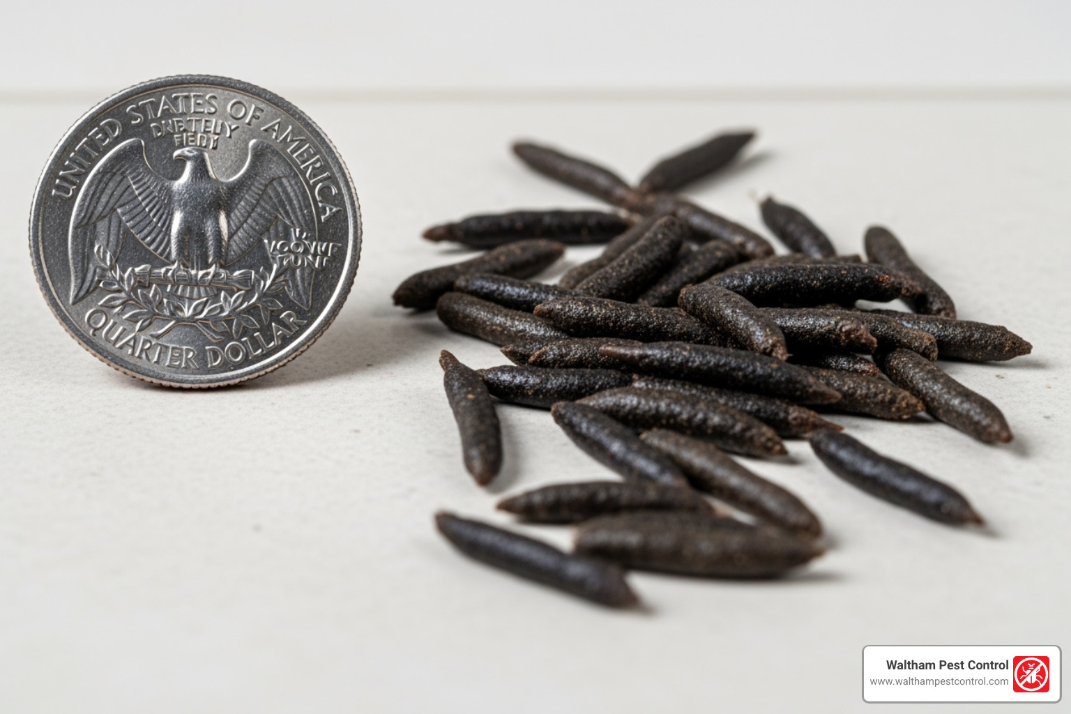 of roof rat droppings next to a quarter for scale - get rid of roof rats