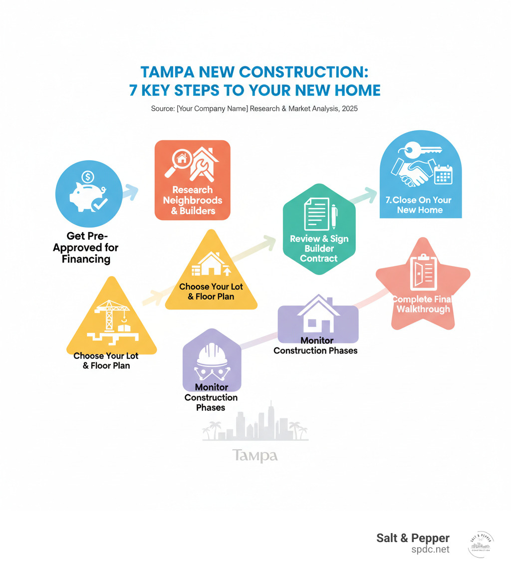 Infographic showing the key steps to buying new construction in Tampa: 1. Get pre-approved for financing 2. Research neighborhoods and builders 3. Choose your lot and floor plan 4. Review and sign builder contract 5. Monitor construction phases 6. Complete final walkthrough 7. Close on your new home - new construction tampa infographic 