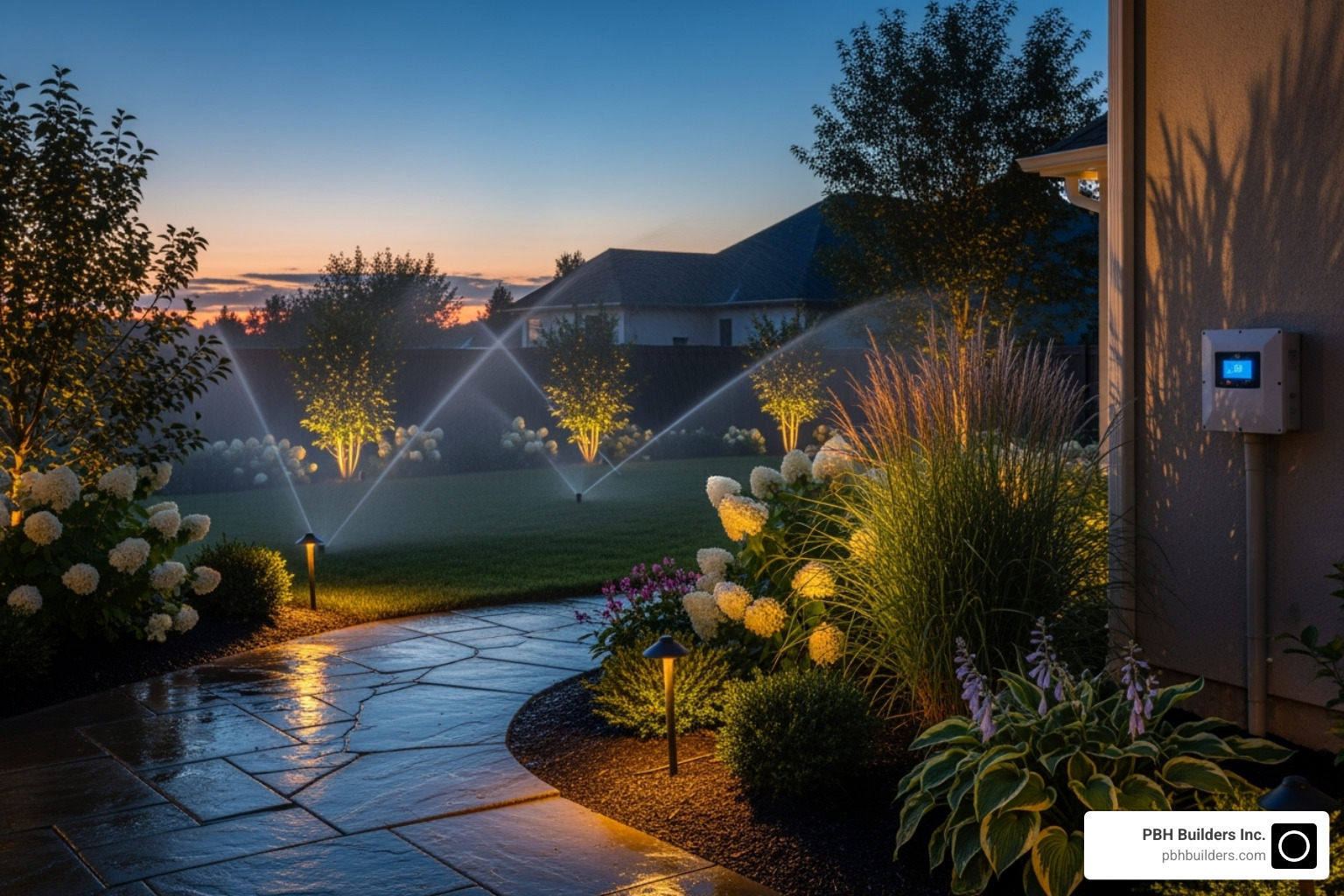 smart irrigation system and LED landscape lighting - enhance property value