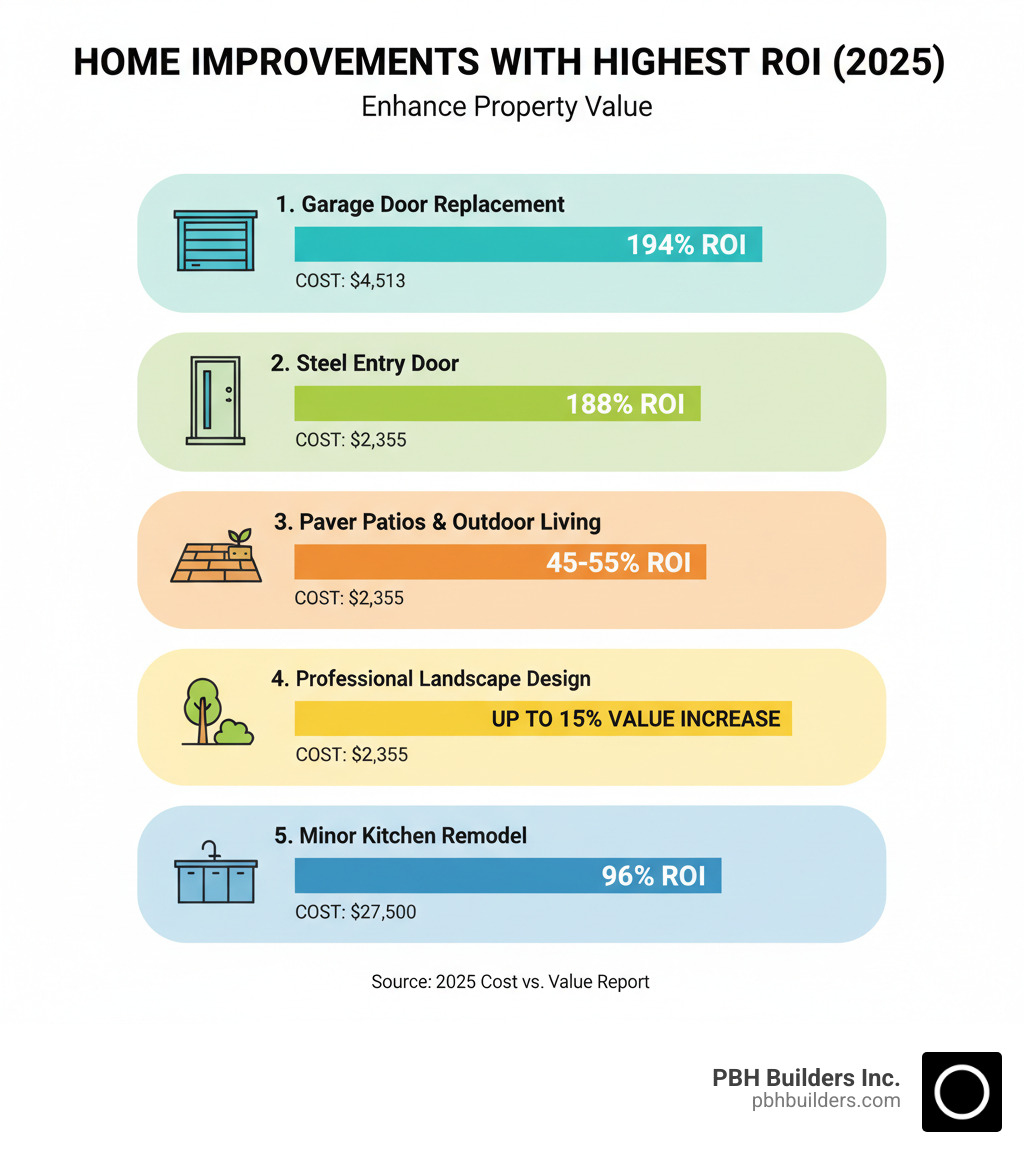Infographic showing top 5 home improvements with highest ROI: 1. Garage door replacement (194% ROI, $4,513 cost), 2. Steel entry door (188% ROI, $2,355 cost), 3. Paver patios and outdoor living (45-55% ROI), 4. Professional landscape design (up to 15% value increase), 5. Minor kitchen remodel (96% ROI, $27,500 cost). Includes icons for each improvement type and bars showing percentage returns. - enhance property value infographic 