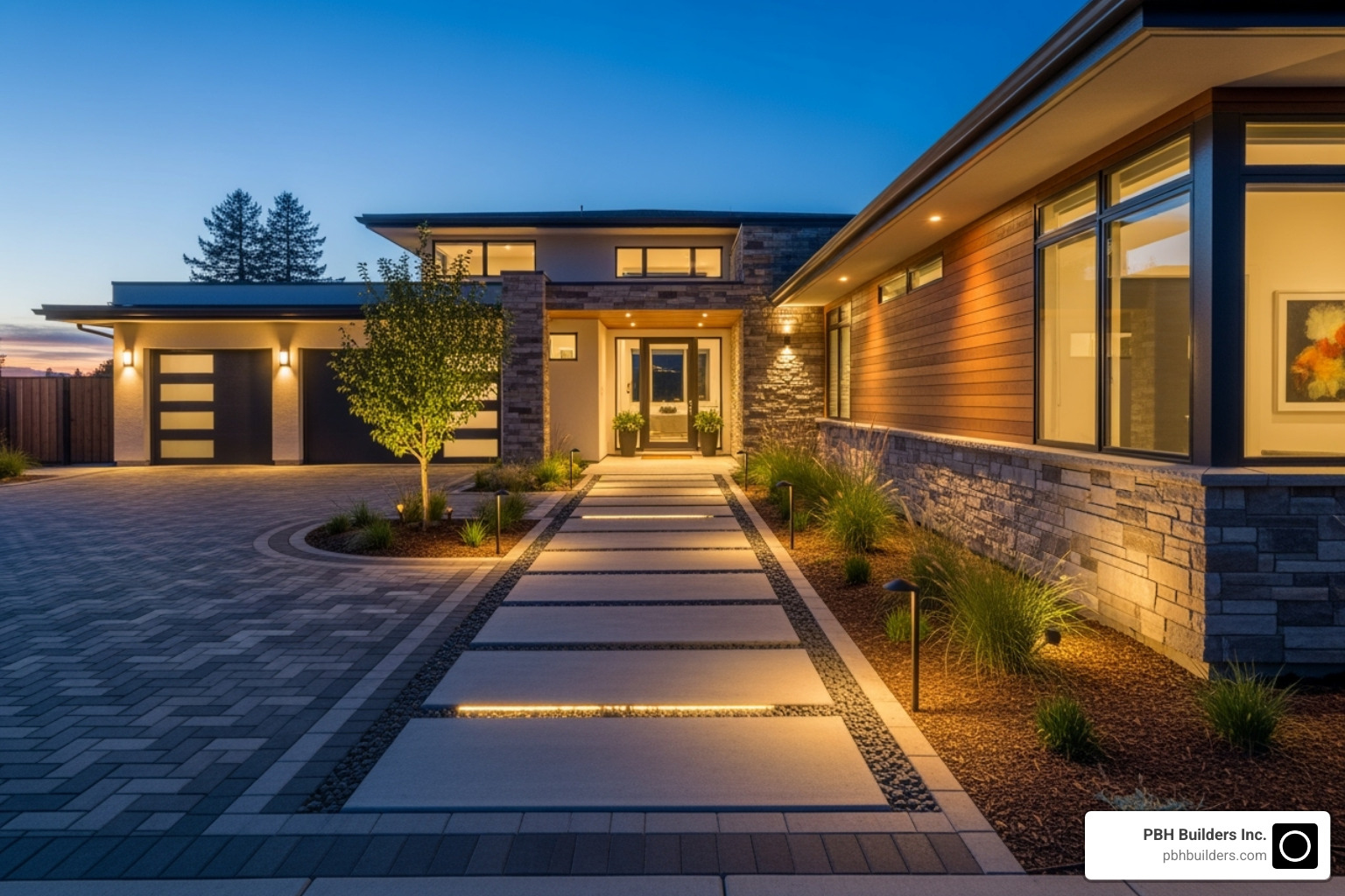 home exterior featuring new paver driveway, walkway, and landscape lighting - enhance property value