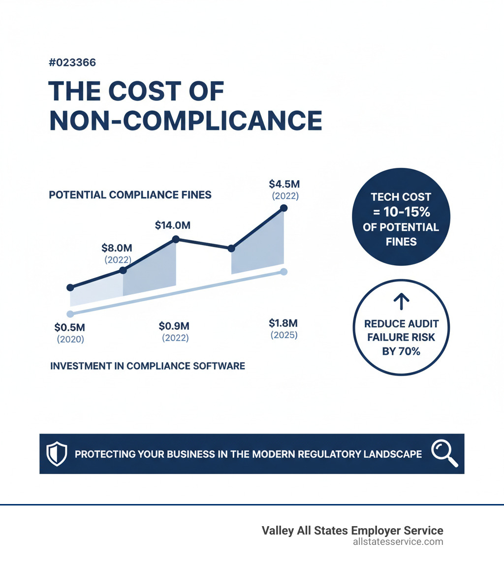 Infographic showing the rising costs of compliance fines from 2020 to 2025 compared against the average investment in compliance software solutions, demonstrating that compliance technology costs represent only 10-15% of potential fine amounts while reducing audit failure risk by 70% - Compliance solution providers infographic Infographic showing the rising costs of compliance fines from 2020 to 2025 compared against the average investment in compliance software solutions, demonstrating that compliance technology costs represent only 10-15% of potential fine amounts while reducing audit failure risk by 70% - Compliance solution providers infographic
