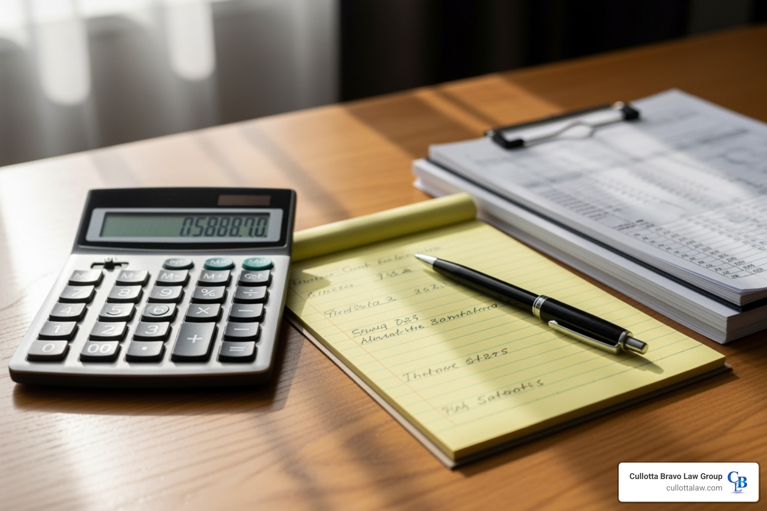 calculator and legal pad symbolizing the calculation of damages - severe brain injury lawyer
