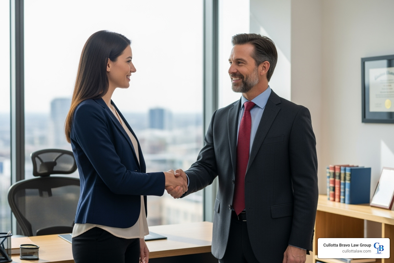attorney shaking hands with client - Joliet motorcycle accident