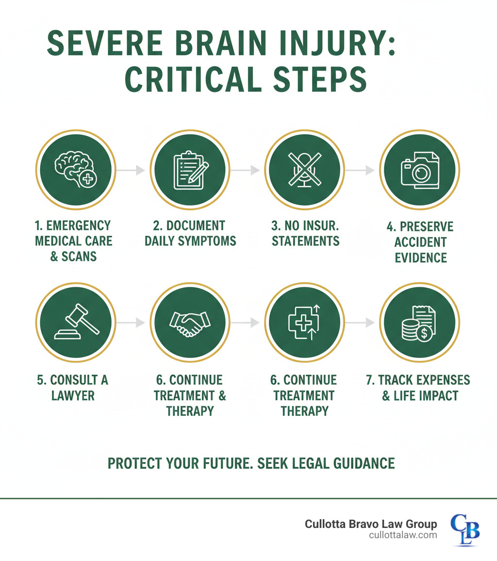 Infographic showing critical steps after a severe brain injury: 1. Seek immediate emergency medical care and get a CT scan or MRI. 2. Document all symptoms daily, even if they seem minor. 3. Do NOT give recorded statements to insurance companies. 4. Preserve all evidence from the accident scene (photos, witness info). 5. Consult a severe brain injury lawyer before accepting any settlement. 6. Continue all recommended medical treatment and therapy. 7. Keep detailed records of all expenses and how the injury affects daily life. - severe brain injury lawyer infographic 