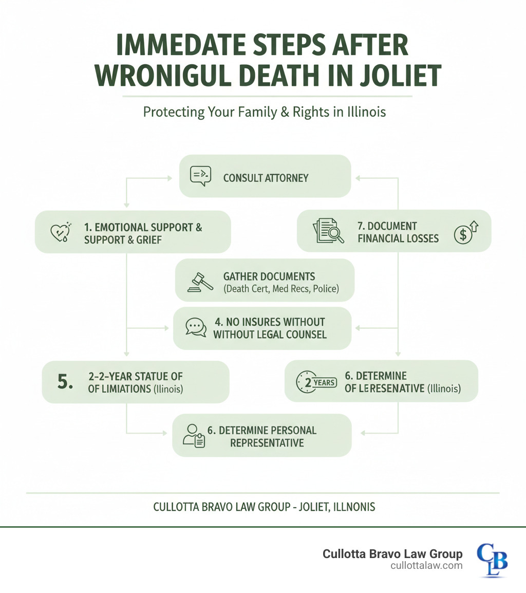 Infographic showing immediate steps after a wrongful death: 1) Seek emotional support and take time to grieve, 2) Consult a wrongful death attorney immediately to protect legal rights, 3) Identify and gather important documents (death certificate, medical records, police reports), 4) Do not speak to insurance companies without legal counsel, 5) Understand the 2-year statute of limitations in Illinois, 6) Determine who will serve as personal representative of the estate, 7) Document financial losses and impacts on family - Wrongful death Joliet infographic 