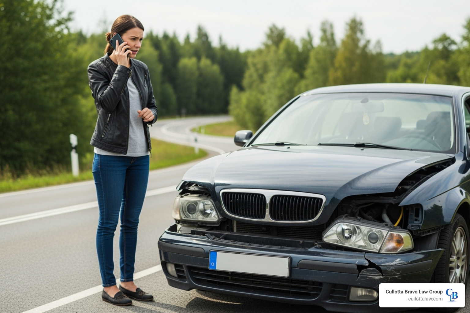 A person on the phone by the side of the road with a damaged car - attorney for car crashes in aurora