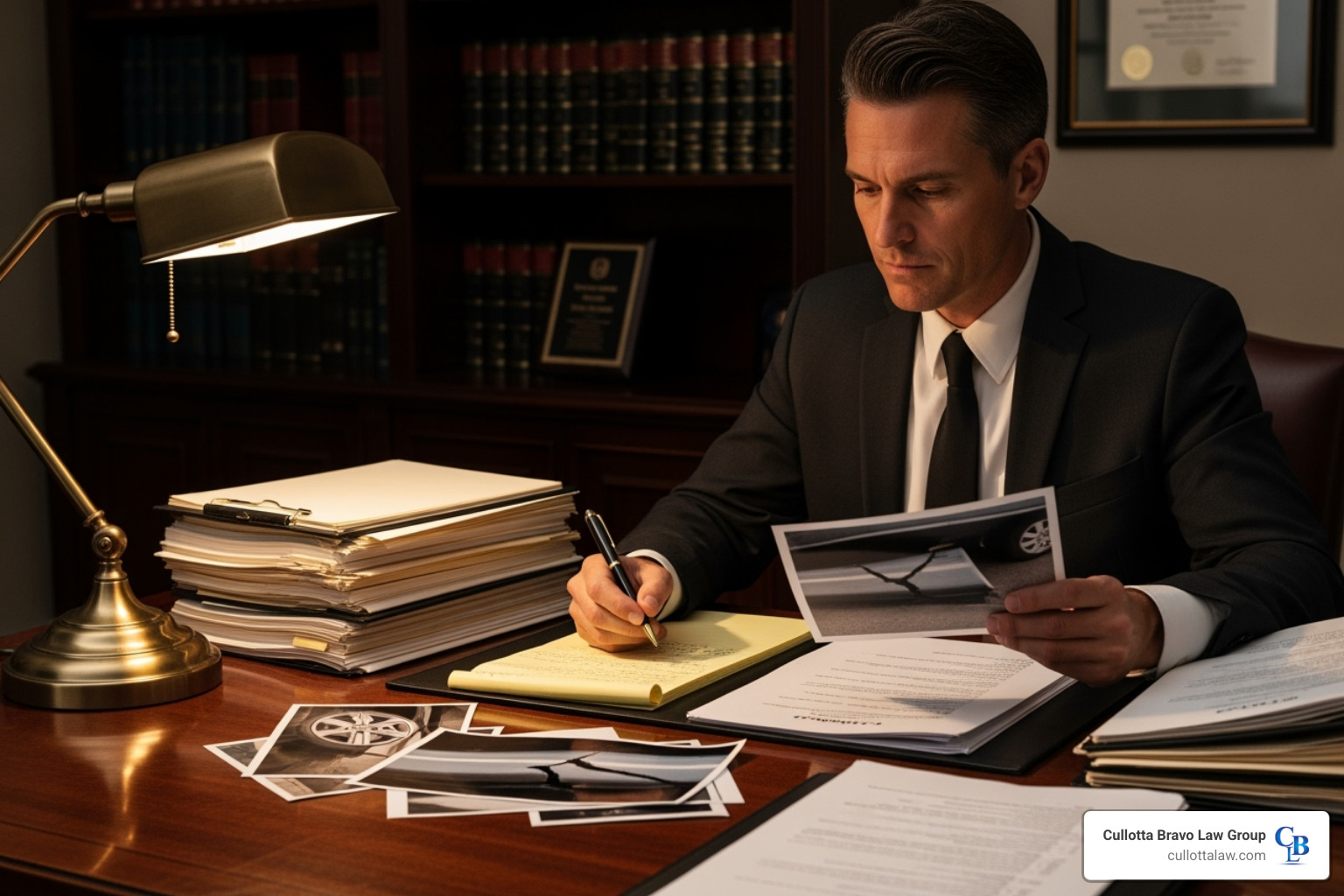 A lawyer reviewing case files and evidence photos - attorney for car crashes in aurora
