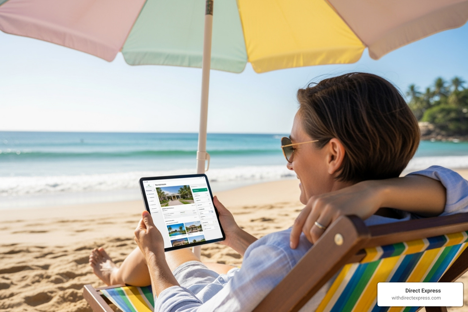 a landlord enjoying free time on a beach while their property is managed remotely via a tablet - fee based property management a landlord enjoying free time on a beach while their property is managed remotely via a tablet - fee based property management