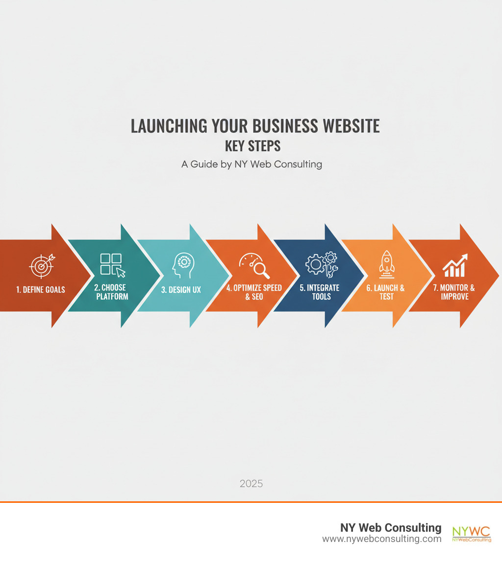 Infographic showing the key steps to launching a successful business website: Define your goals, choose the right platform, design for user experience, optimize for speed and SEO, integrate business tools, launch and test, and monitor and improve - Business website solutions infographic 