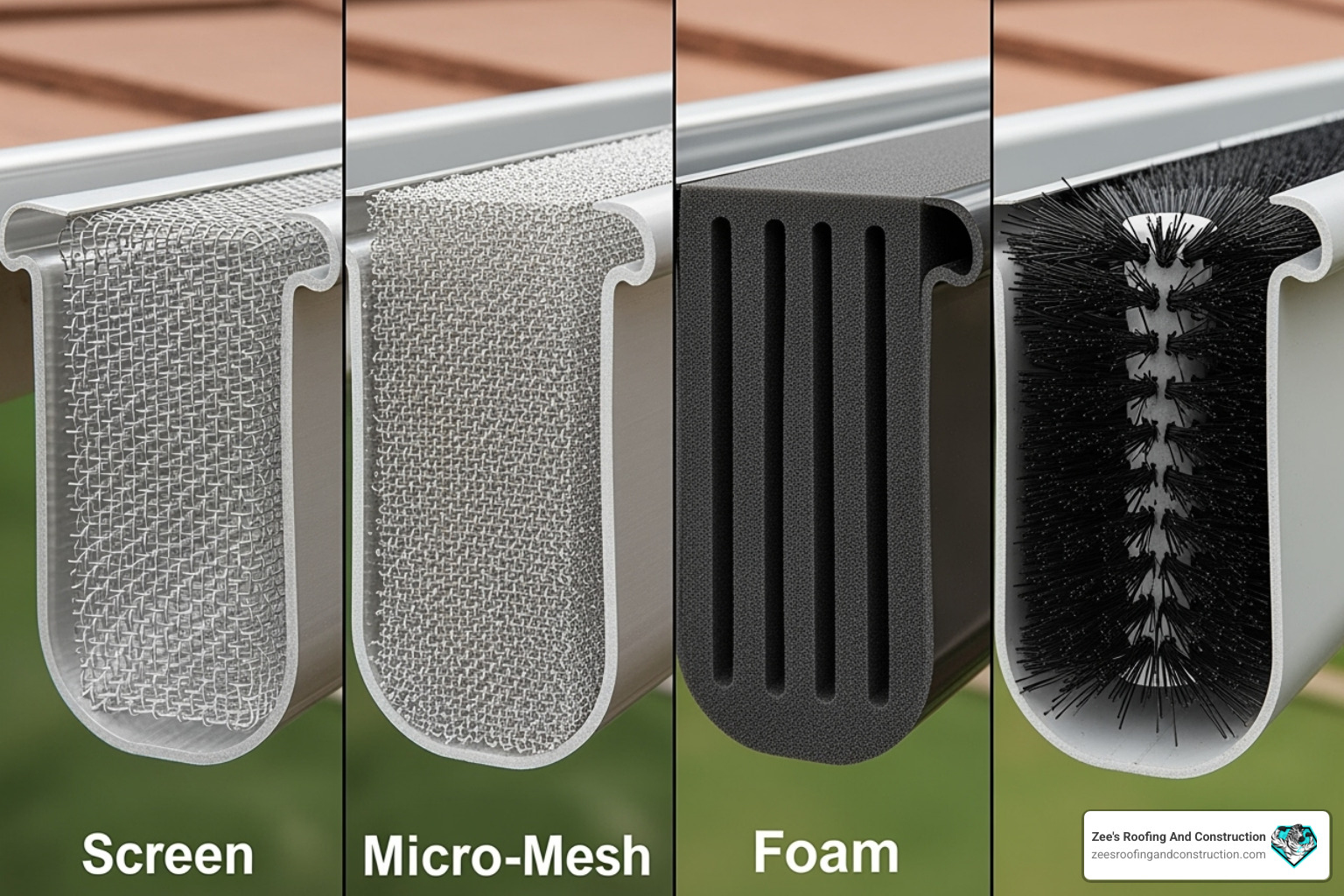 side-by-side examples of screen, micro-mesh, foam, and brush gutter guards - gutter guard cost