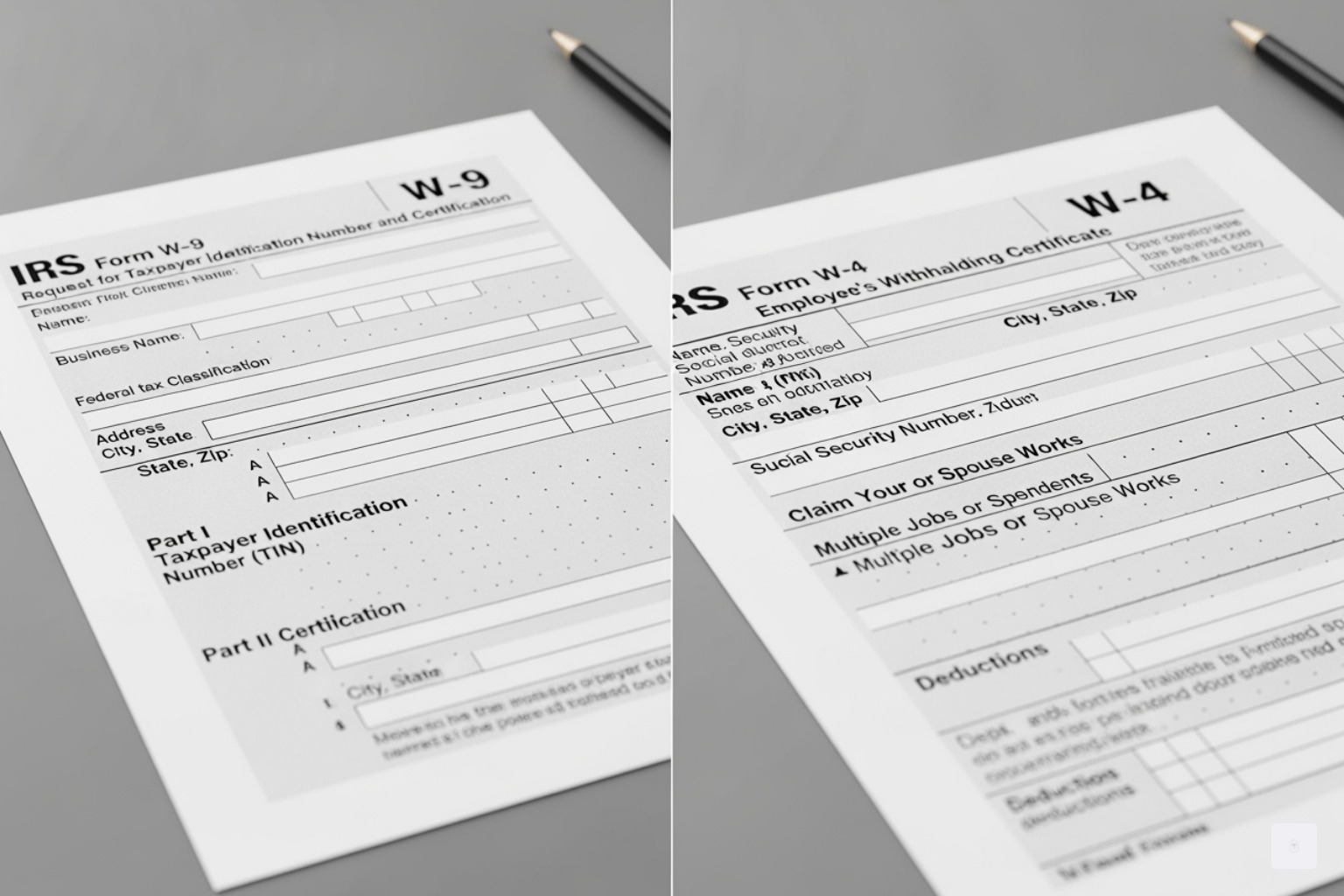 Una imagen dividida que compara el Formulario W-9 en un lado y el Formulario W-4 en el otro, resaltando sus diferentes propósitos: ¿qué es el W-9?