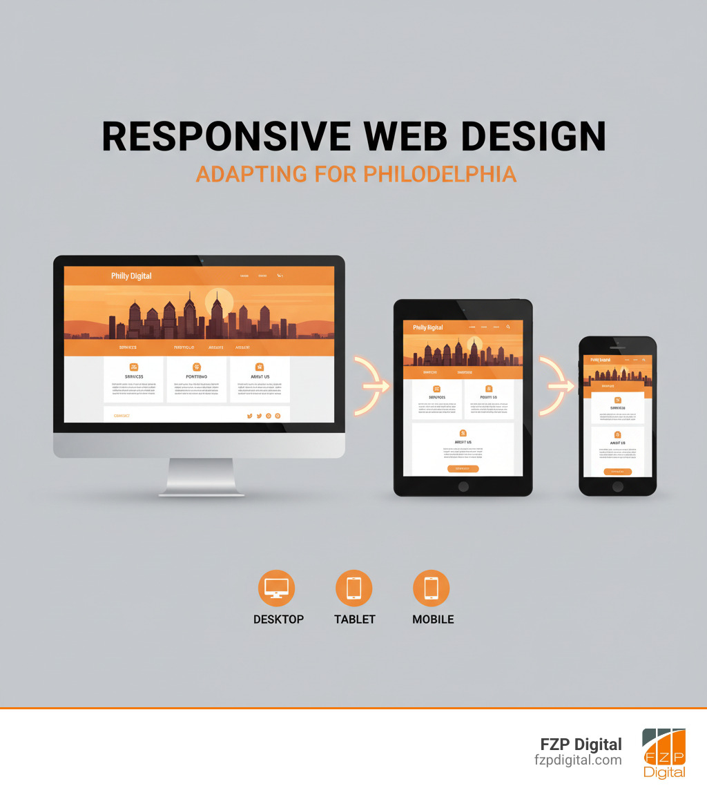 infographic showing a single website layout fluidly adapting from a wide desktop monitor view with multiple columns, to a medium-width tablet view with adjusted columns, to a narrow smartphone view with stacked single-column content, all displaying the same Philadelphia business website - responsive web design services philadelphia infographic infographic showing a single website layout fluidly adapting from a wide desktop monitor view with multiple columns, to a medium-width tablet view with adjusted columns, to a narrow smartphone view with stacked single-column content, all displaying the same Philadelphia business website - responsive web design services philadelphia infographic