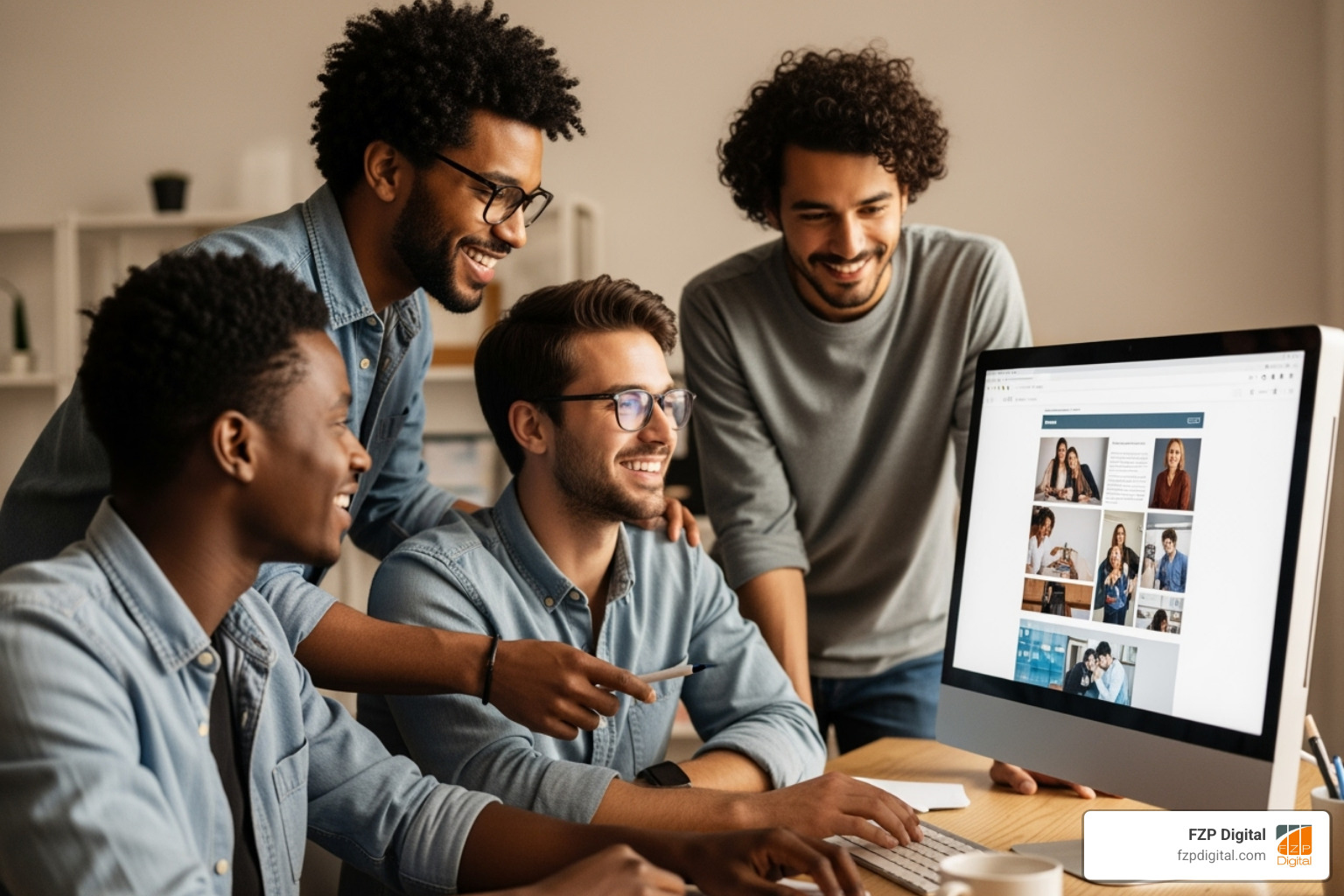 friendly team collaborating around a computer screen, designing a website - responsive web design services philadelphia friendly team collaborating around a computer screen, designing a website - responsive web design services philadelphia