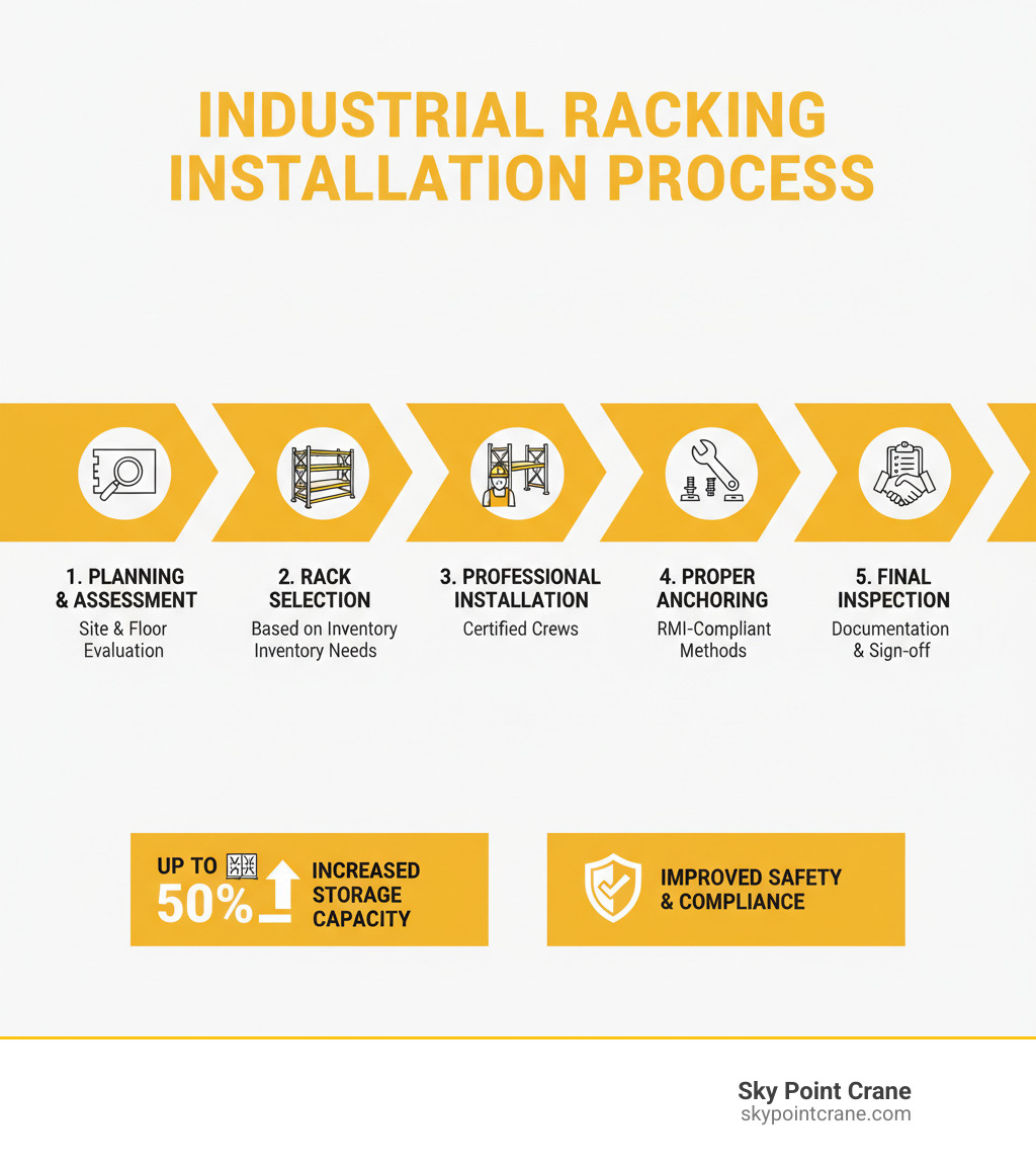 Infographic showing the industrial racking installation process from planning through final inspection, including key steps: site assessment and floor evaluation, selecting appropriate racking type based on inventory needs, professional installation with certified crews, proper anchoring using RMI-compliant methods, and final inspection with documentation, resulting in up to 50% increased storage capacity and improved safety compliance - Industrial racking installation infographic Infographic showing the industrial racking installation process from planning through final inspection, including key steps: site assessment and floor evaluation, selecting appropriate racking type based on inventory needs, professional installation with certified crews, proper anchoring using RMI-compliant methods, and final inspection with documentation, resulting in up to 50% increased storage capacity and improved safety compliance - Industrial racking installation infographic