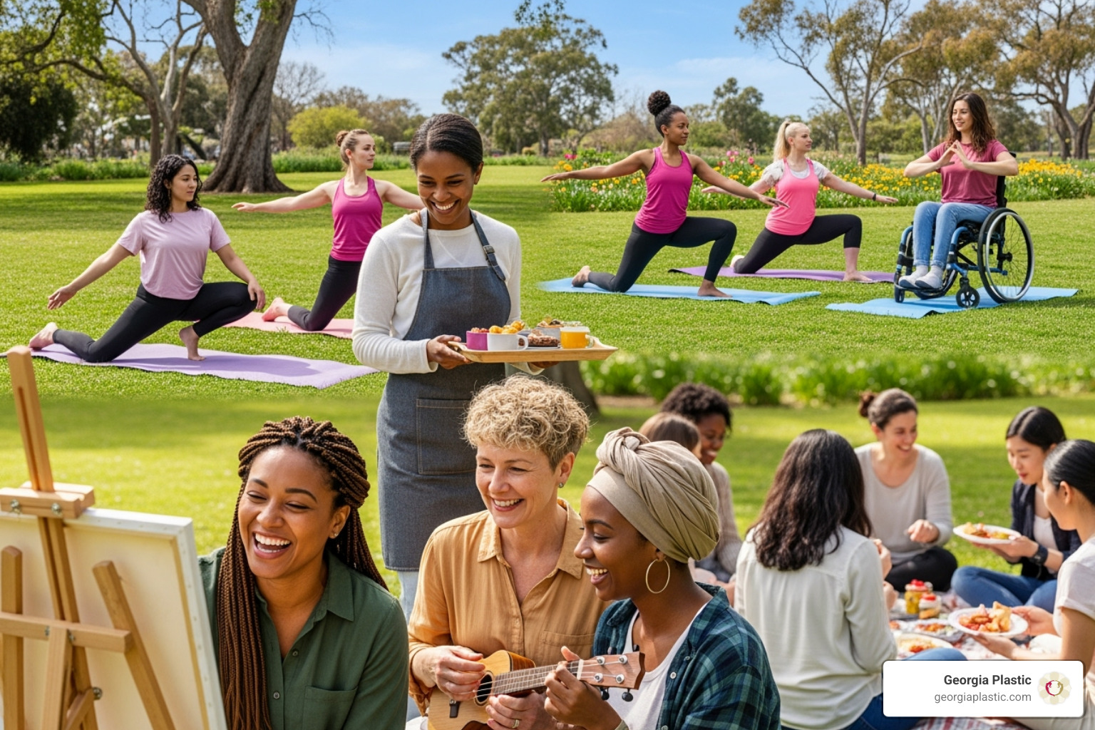 A diverse group of happy women smiling and engaging in various activities - mommy makeover success stories