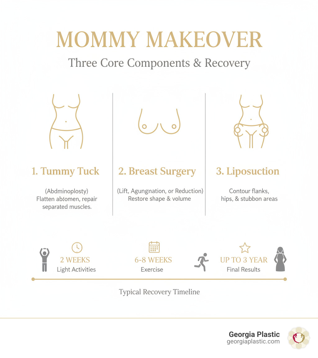 Infographic showing the three main components of a mommy makeover: Tummy Tuck (abdominoplasty) to flatten abdomen and repair separated muscles, Breast Surgery (lift, augmentation, or reduction) to restore shape and volume, and Liposuction to contour flanks, hips, and other stubborn areas, with typical recovery timeline showing 2 weeks for light activities, 6-8 weeks for exercise, and up to 1 year for final results - mommy makeover success stories infographic 