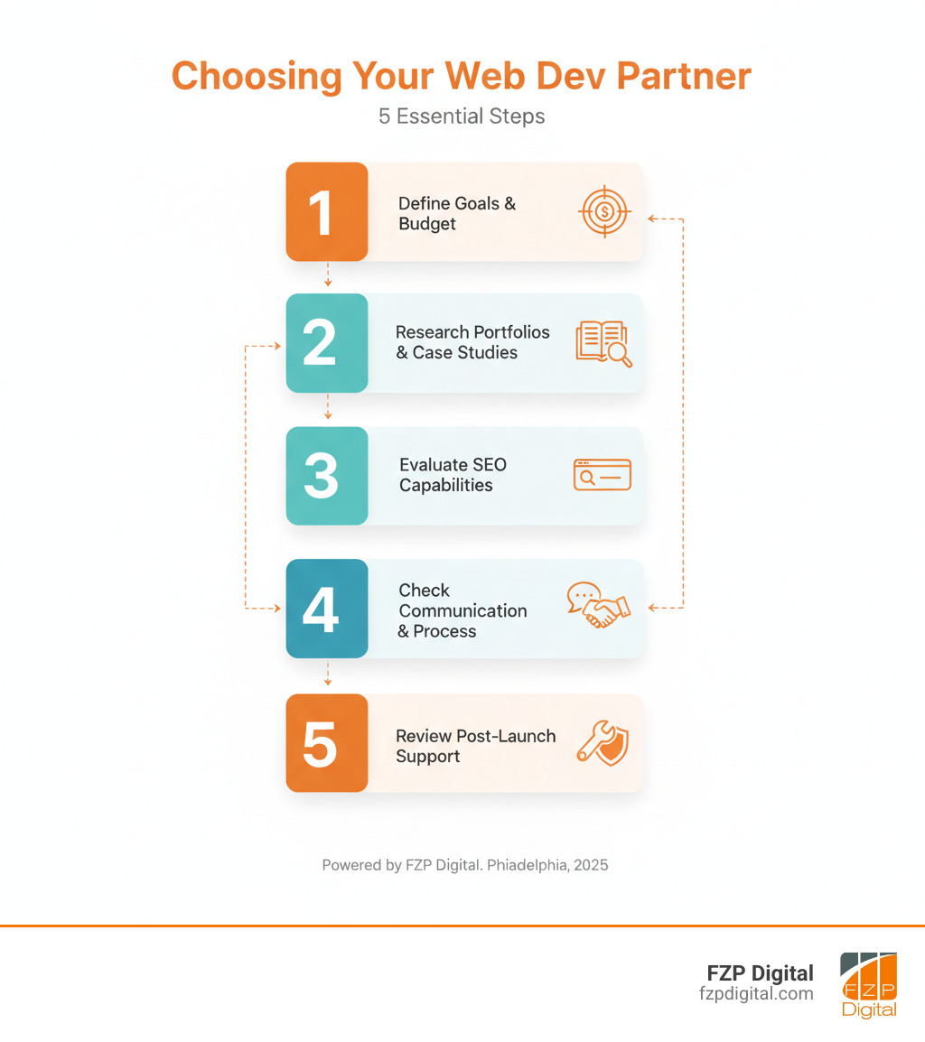 Infographic showing 5 key steps: 1. Define your goals and budget, 2. Research portfolios and case studies, 3. Evaluate their SEO capabilities, 4. Check communication style and process, 5. Review post-launch support options - web development companies in philadelphia infographic 