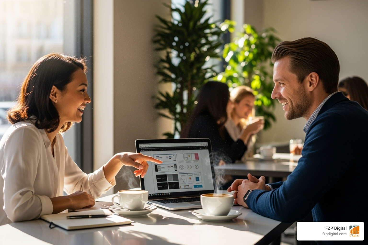 Image of a designer and client collaborating happily over coffee - web designer in philadelphia