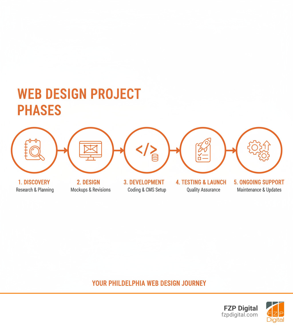 Infographic showing the 5 key stages of a successful web design project: Discovery phase with research and planning, Design phase with mockups and revisions, Development phase with coding and CMS setup, Testing and Launch phase with quality assurance, and Ongoing Support phase with maintenance and updates - web designer in philadelphia infographic 