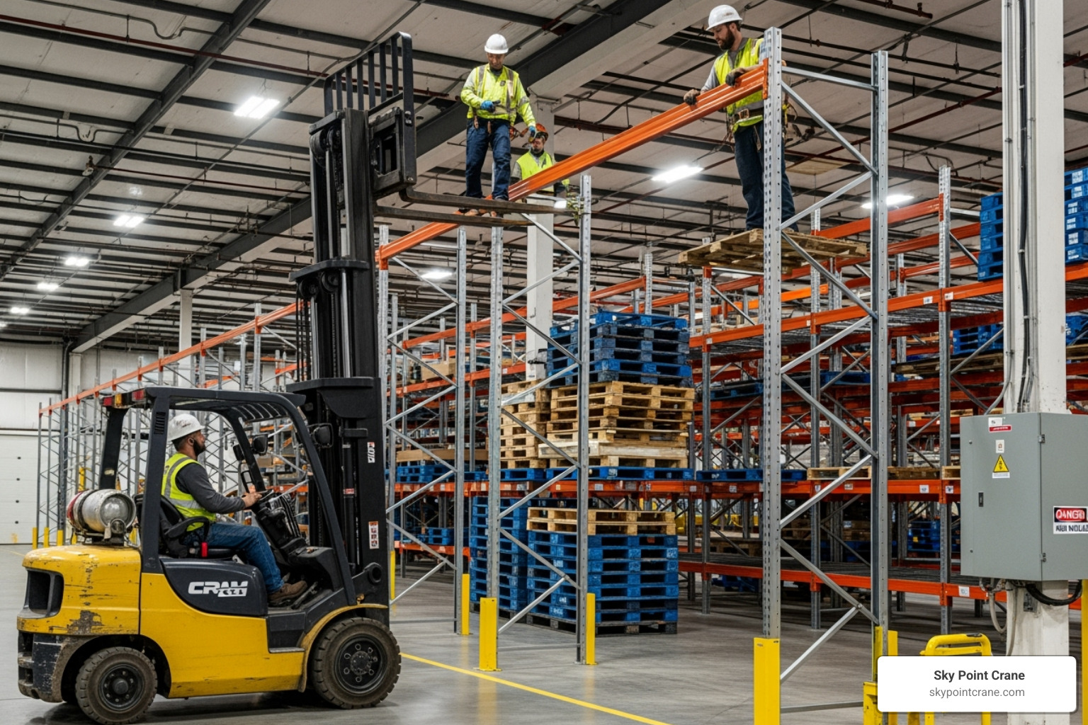 Image of a certified installation crew using a forklift to place a beam on an upright frame - Industrial racking installation Image of a certified installation crew using a forklift to place a beam on an upright frame - Industrial racking installation