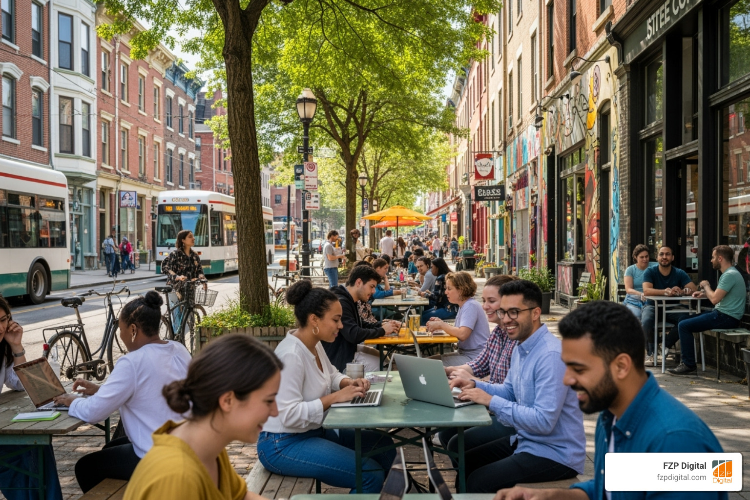 A lively, modern Philly neighborhood with people collaborating around laptops and smiling - web development in philadelphia A lively, modern Philly neighborhood with people collaborating around laptops and smiling - web development in philadelphia