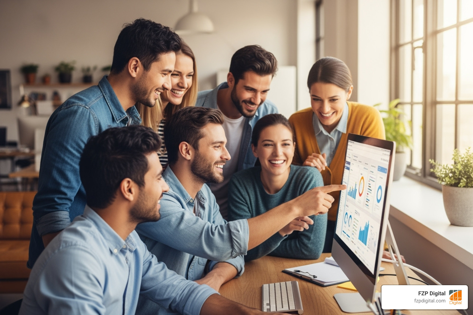 A diverse group of cheerful people collaborating around a computer screen in a modern office - web development in philadelphia A diverse group of cheerful people collaborating around a computer screen in a modern office - web development in philadelphia
