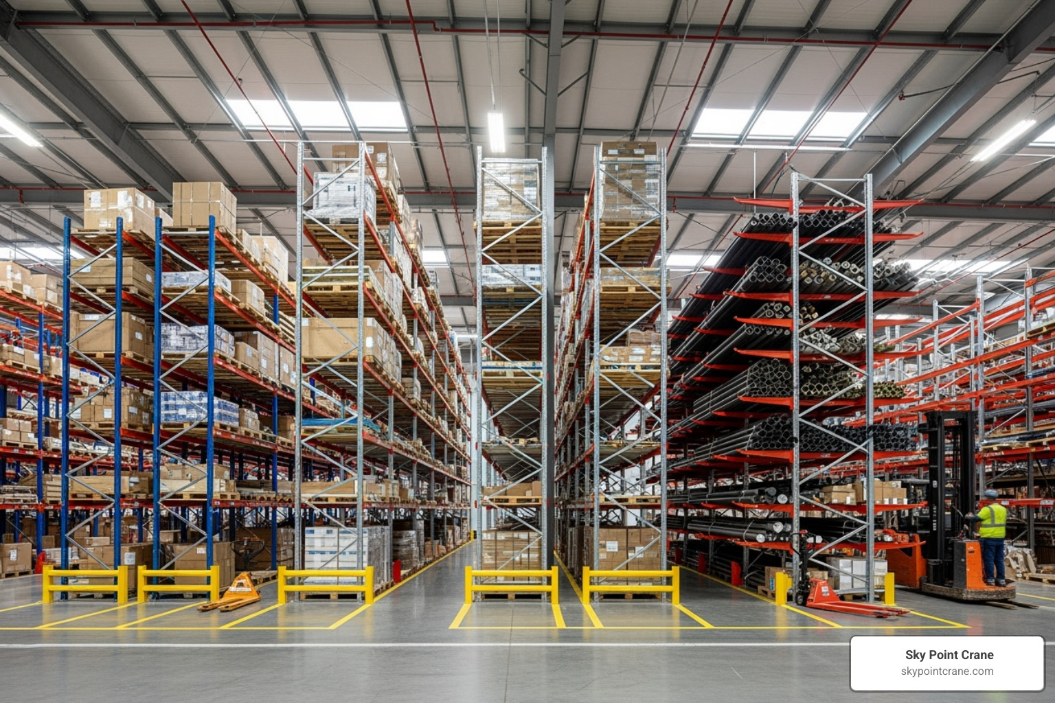Image of different types of industrial racking systems side-by-side (Selective, Drive-In, Cantilever) - Industrial racking installation Image of different types of industrial racking systems side-by-side (Selective, Drive-In, Cantilever) - Industrial racking installation