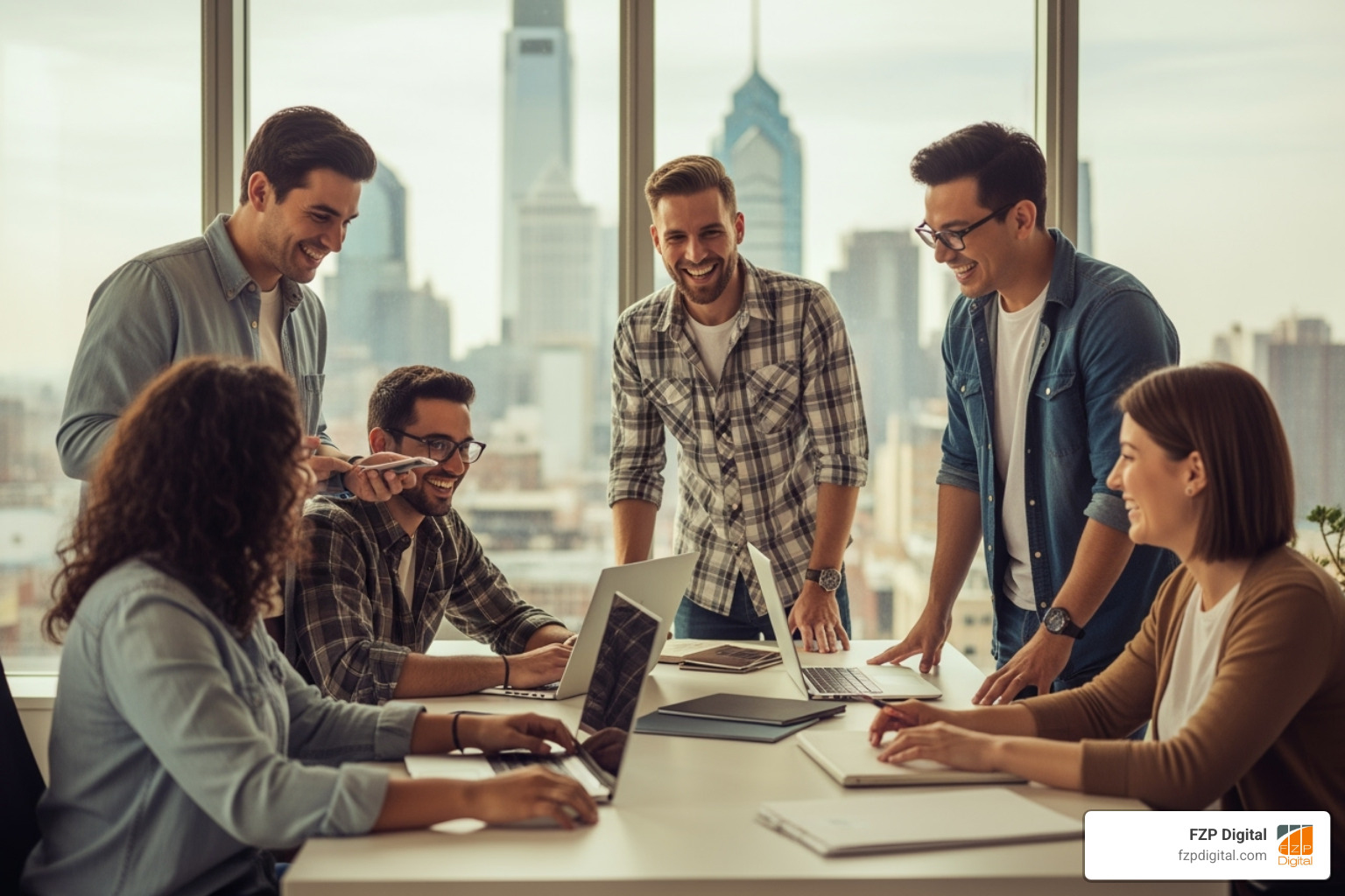 A local Philadelphia team collaborating in a modern office with a city view - web development companies in philadelphia