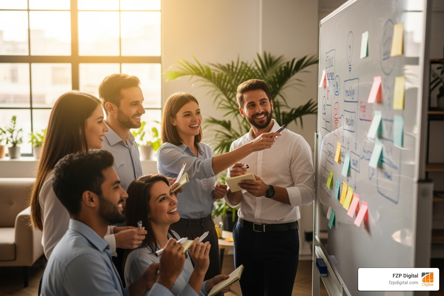 A diverse group of professionals brainstorming around a whiteboard - web development companies in philadelphia