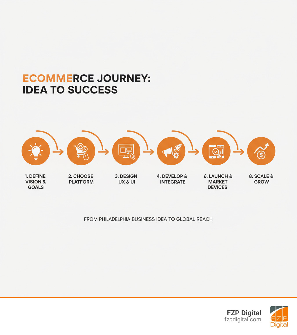 Infographic showing the ecommerce journey from business idea to successful online sales, including steps: Define Your Vision & Goals → Choose Your Platform (WooCommerce/Shopify) → Design User Experience & Interface → Develop & Integrate Features → Test Across Devices → Launch & Market → Monitor & Optimize → Scale & Grow, with icons for each stage and arrows showing the flow - ecommerce web design philadelphia infographic Infographic showing the ecommerce journey from business idea to successful online sales, including steps: Define Your Vision & Goals → Choose Your Platform (WooCommerce/Shopify) → Design User Experience & Interface → Develop & Integrate Features → Test Across Devices → Launch & Market → Monitor & Optimize → Scale & Grow, with icons for each stage and arrows showing the flow - ecommerce web design philadelphia infographic