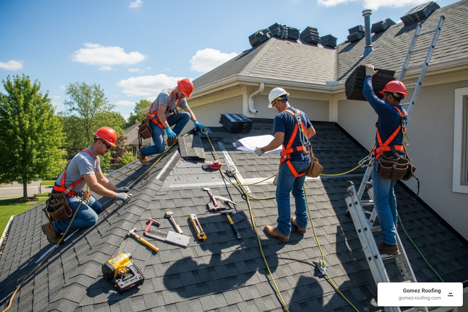 roofing team working safely on a residential roof - fort lauderdale fl roof repair roofing team working safely on a residential roof - fort lauderdale fl roof repair