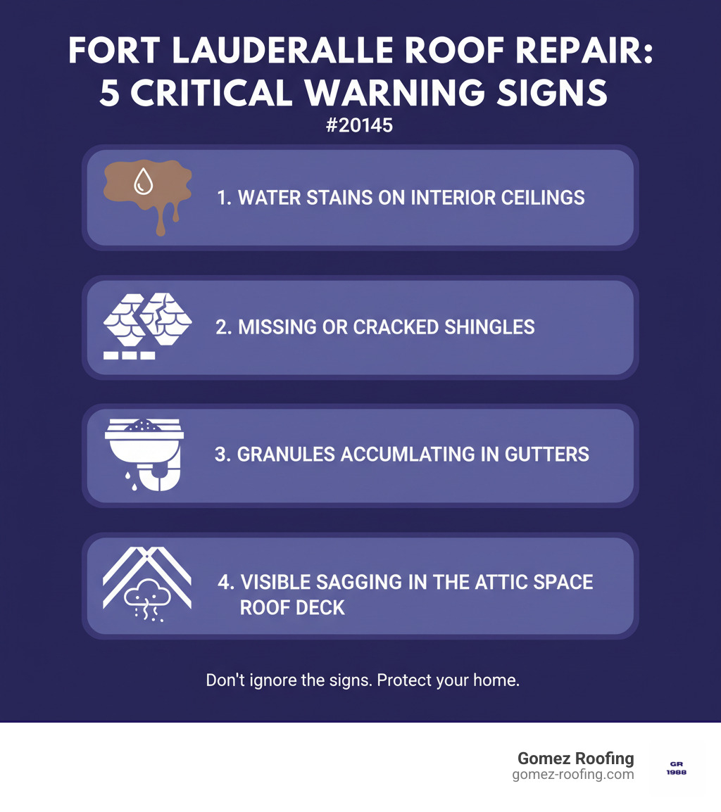 infographic showing five critical warning signs for fort lauderdale roof repair: water stains on interior ceilings, missing or cracked shingles, granules accumulating in gutters, visible sagging in the roof deck, and musty odors in the attic space - fort lauderdale fl roof repair infographic infographic showing five critical warning signs for fort lauderdale roof repair: water stains on interior ceilings, missing or cracked shingles, granules accumulating in gutters, visible sagging in the roof deck, and musty odors in the attic space - fort lauderdale fl roof repair infographic