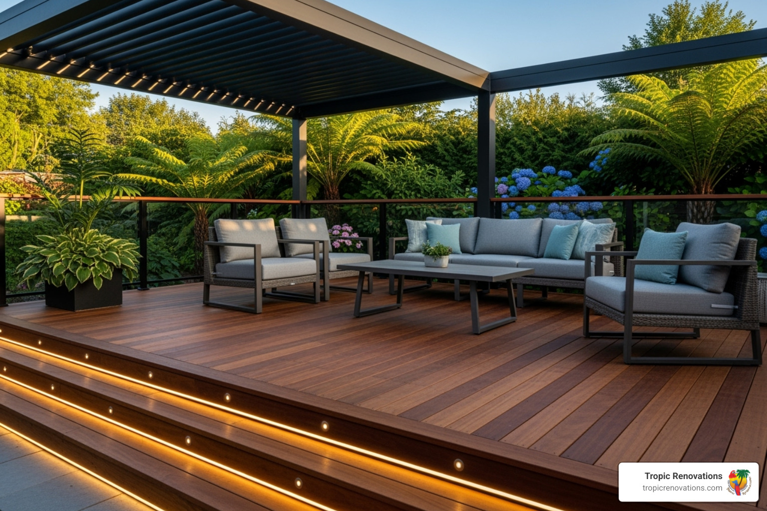 popular deck features like integrated lighting and a pergola - Deck Contractor