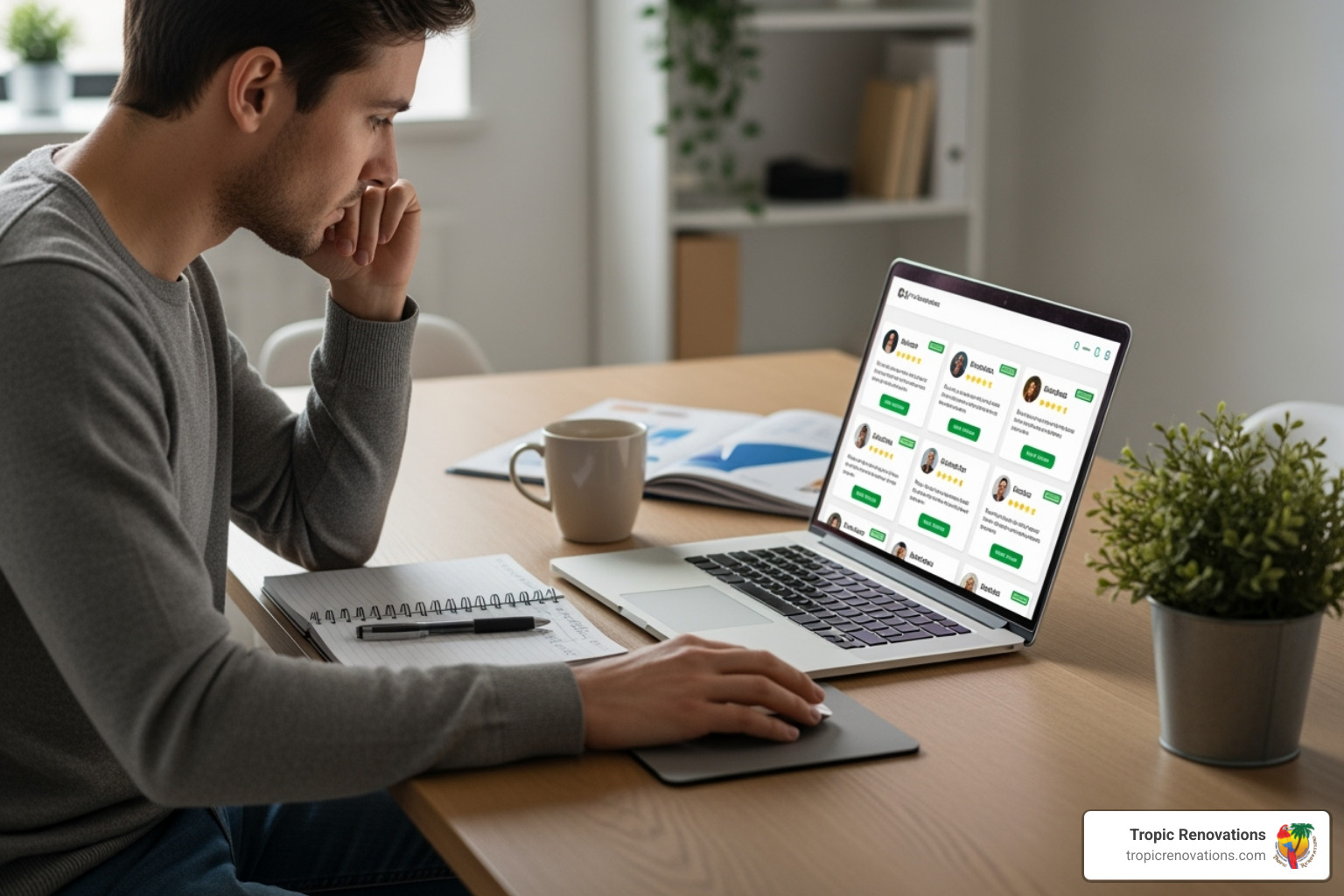 person looking at online reviews for contractors on a laptop - Deck Contractor