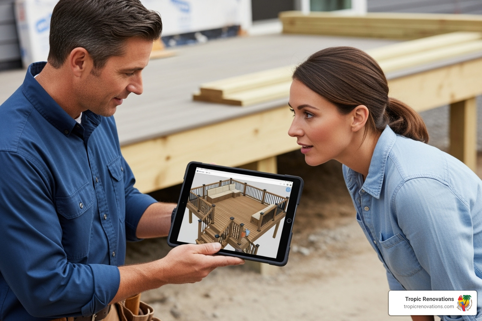 contractor and homeowner discussing a 3D deck design on a tablet - Deck Contractor