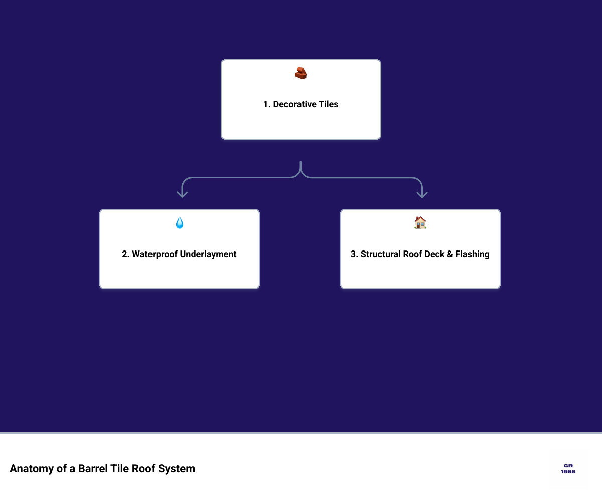 Infographic showing the anatomy of a barrel tile roof system with three distinct layers: decorative barrel tiles on top providing weather protection and aesthetic appeal, waterproof underlayment in the middle as the critical moisture barrier that typically lasts 15-20 years, and structural roof deck at the base with integrated flashing around penetrations and valleys to direct water flow - barrel tile roof repair fort lauderdale fl infographic hierarchy