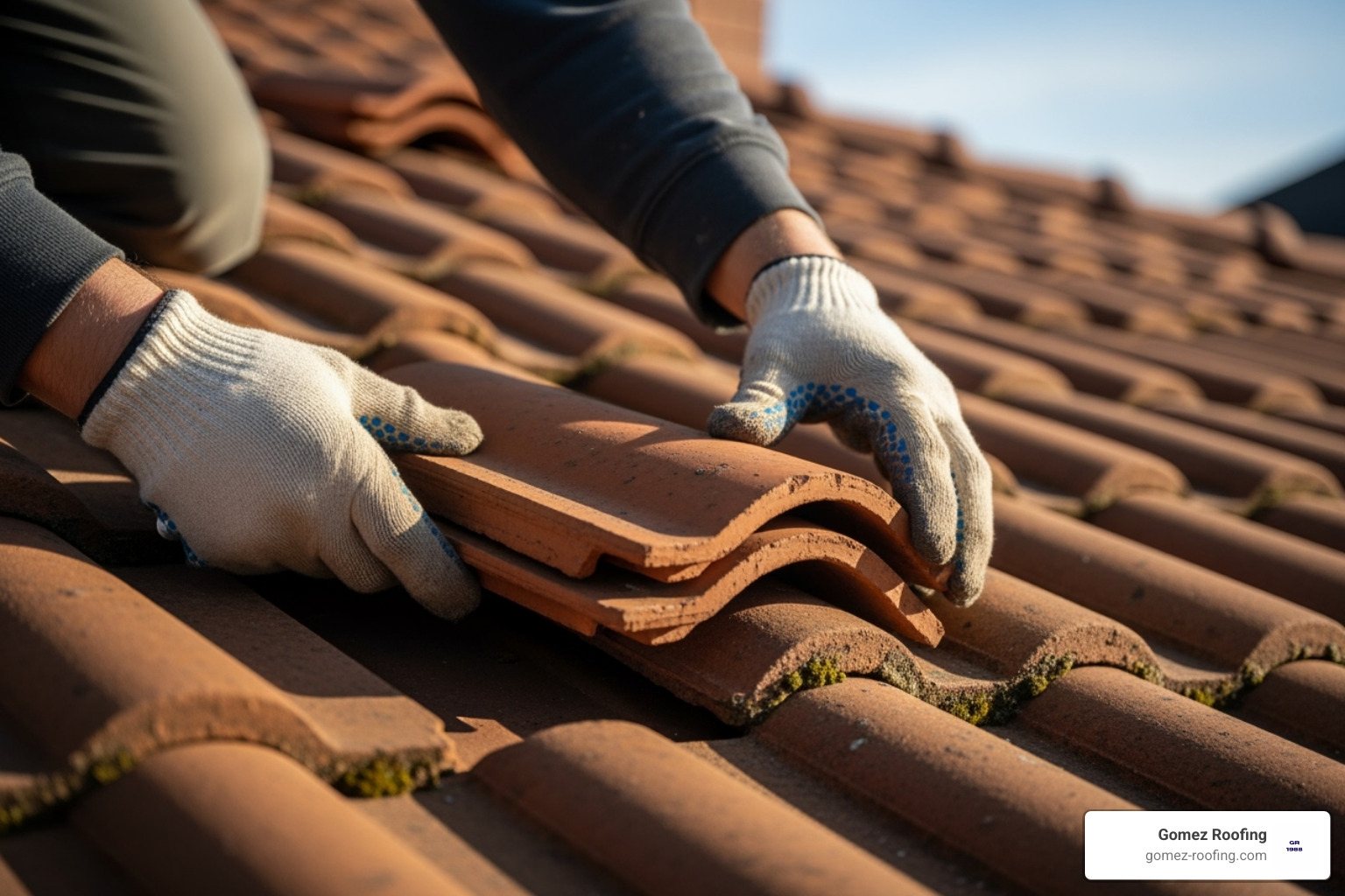 a roofer carefully replacing a single barrel tile - barrel tile roof repair fort lauderdale fl