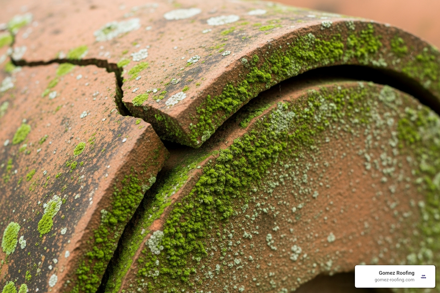 a cracked barrel tile with visible algae growth - barrel tile roof repair fort lauderdale fl