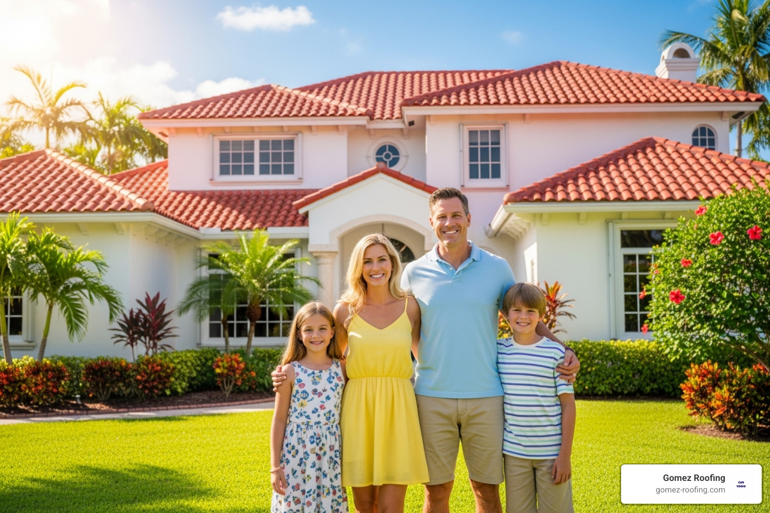 a family standing proudly in front of their home with a well-maintained tile roof - barrel tile roof repair fort lauderdale fl