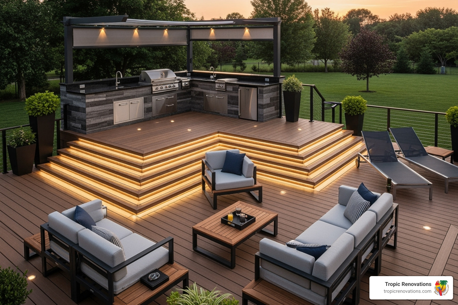 multi-level composite deck with outdoor kitchen and integrated lighting - deck contractors