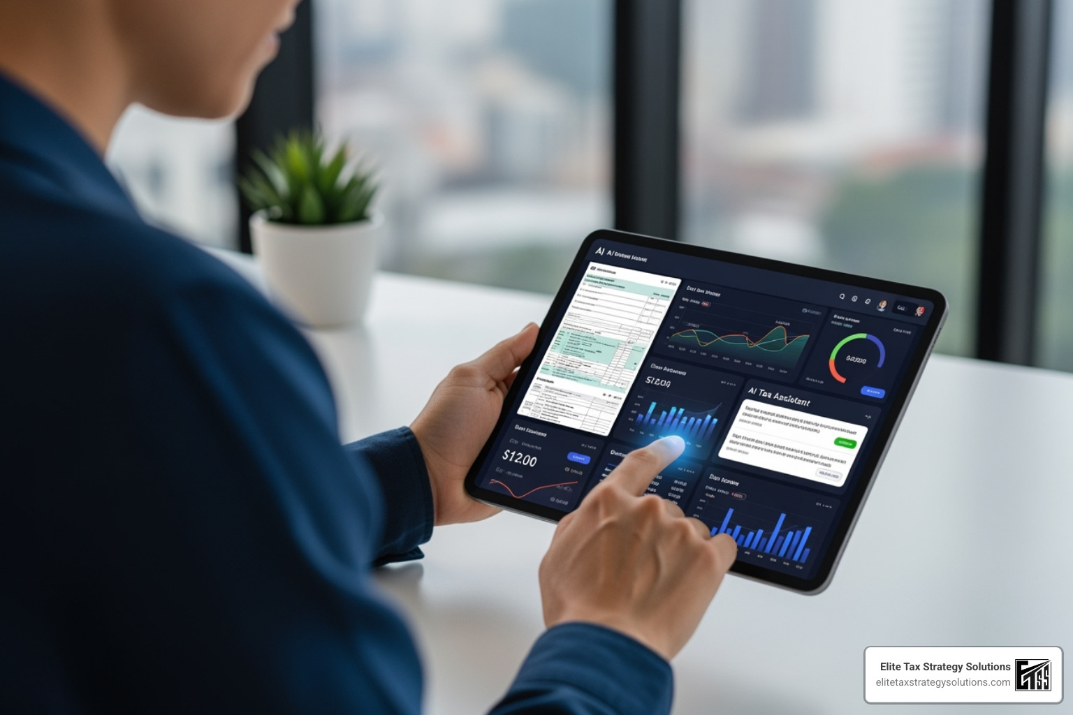 A person interacting with AI-driven financial software on a tablet, showcasing modern tax technology - professional tax compliance A person interacting with AI-driven financial software on a tablet, showcasing modern tax technology - professional tax compliance