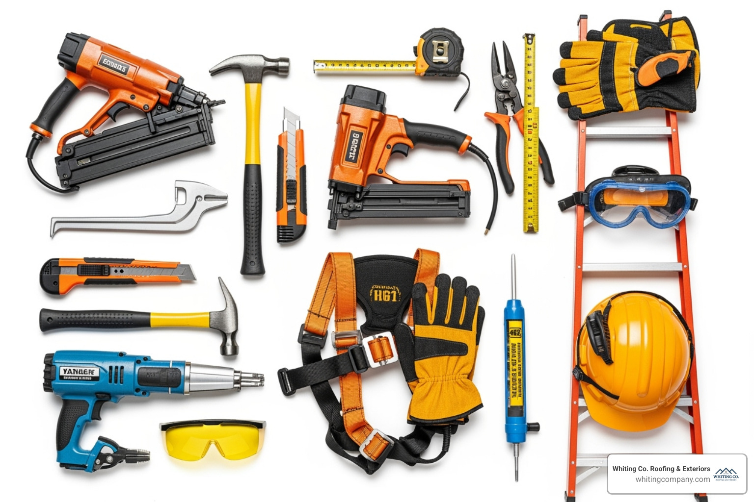 layout of all necessary tools and safety equipment for a roofing project - roof sheet installation