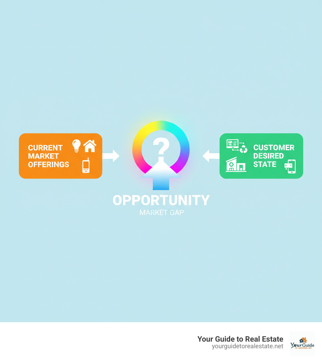 infographic showing market gap analysis as the space between current market offerings on the left and customer desired state on the right, with an arrow pointing to the gap in the middle labeled opportunity - market gap analysis infographic 