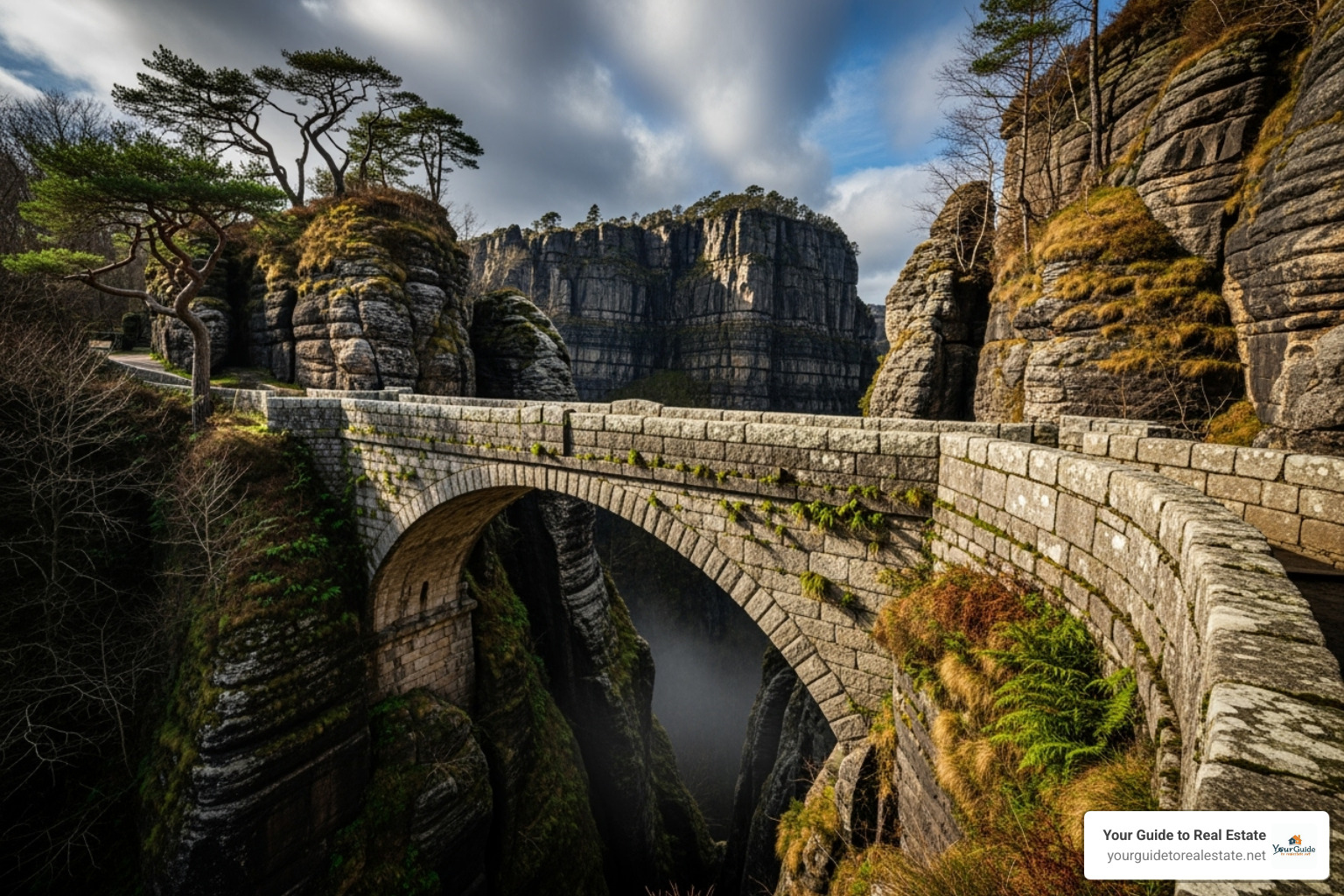 bridge closing a gap between two cliffs, labeled "Strategy" - market gap analysis